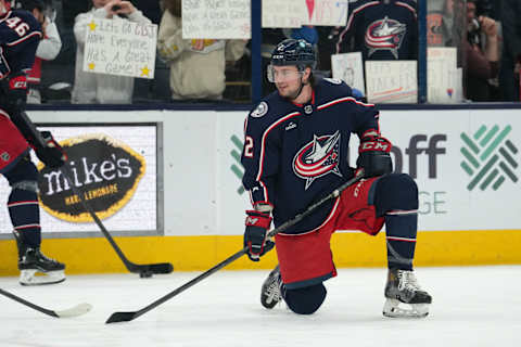 COLUMBUS, OHIO – APRIL 08: Andrew Peeke #2 of the Columbus Blue Jackets looks on during warmups prior to the game against the New York Rangers at Nationwide Arena on April 08, 2023 in Columbus, Ohio. (Photo by Jason Mowry/Getty Images)