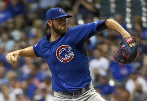 Sep 6, 2016; Milwaukee, WI, USA; Chicago Cubs pitcher Hammel throws a pitch in the first inning during the game against the Milwaukee Brewers at Miller Park. Mandatory Credit: Benny Sieu-USA TODAY Sports