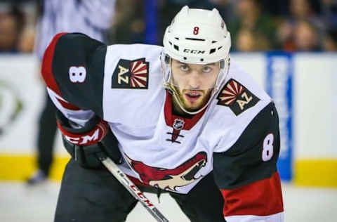 Mar 12, 2016; Edmonton, Alberta, CAN; Arizona Coyotes center Tobias Rieder (8) during the face off against the Edmonton Oilers during the first period at Rexall Place. Arizona Coyotes won 4-0. Mandatory Credit: Sergei Belski-USA TODAY Sports