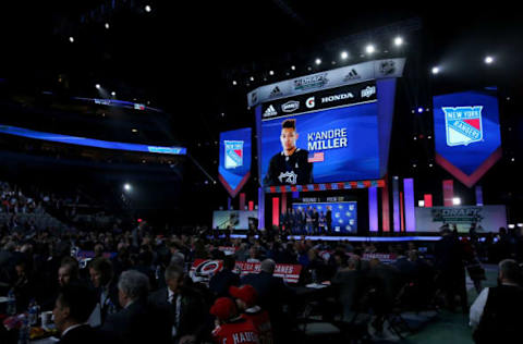 DALLAS, TX – JUNE 22: K’Andre Miller poses after being selected twenty-second overall by the New York Rangers during the first round of the 2018 NHL Draft at American Airlines Center on June 22, 2018 in Dallas, Texas. (Photo by Bruce Bennett/Getty Images)