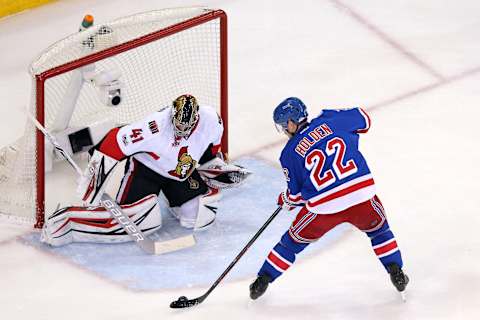 May 4, 2017; New York, NY, USA; New York Rangers defenseman Nick Holden (22) scores a goal past Ottawa Senators goalie Craig Anderson (41) during the first period of game four of the second round of the 2017 Stanley Cup Playoffs at Madison Square Garden. Mandatory Credit: Brad Penner-USA TODAY Sports