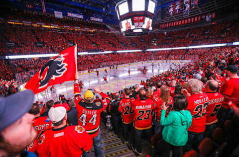 Apr 17, 2017; Calgary, Alberta, CAN; General view of the fans prior to the game between the Calgary Flames and the Anaheim Ducks in game three of the first round of the 2017 Stanley Cup Playoffs at Scotiabank Saddledome. Mandatory Credit: Sergei Belski-USA TODAY Sports