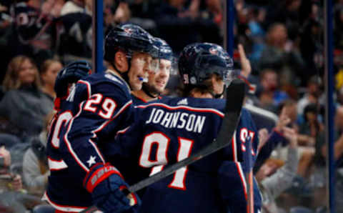 Sep 25, 2022; Columbus, Ohio, USA; Columbus Blue Jackets left wing Patrik Laine (29) celebrates his goal with forward Kent Johnson (91) during the second period against the Pittsburgh Penguins at Nationwide Arena. Mandatory Credit: Joseph Maiorana-USA TODAY Sports