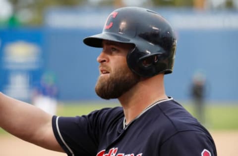 LAS VEGAS, NV – MARCH 17: Mike Napoli (32) of the Indians looks on during a game between the Chicago Cubs and Cleveland Indians as part of Big League Weekend on March 17, 2018 at Cashman Field in Las Vegas, Nevada. (Photo by Jeff Speer/Icon Sportswire via Getty Images)