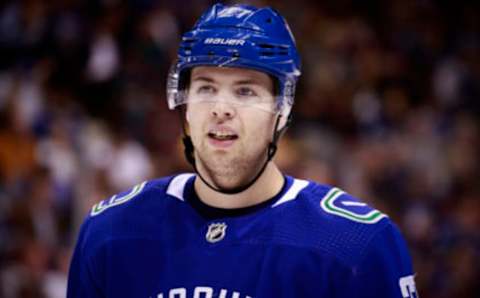 VANCOUVER, BC – APRIL 2: Ben Hutton #27 of the Vancouver Canucks skates up ice during their NHL game against the San Jose Sharks at Rogers Arena April 2, 2019 in Vancouver, British Columbia, Canada. (Photo by Jeff Vinnick/NHLI via Getty Images)”n