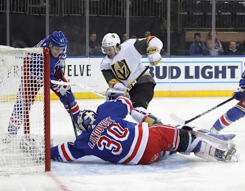 NEW YORK, NEW YORK – DECEMBER 02: A shot by Alex Tuch #89 (not shown) of the Vegas Golden Knights gets past Henrik Lundqvist #30 of the New York Rangers at 1:34 of the first period as Cody Glass #9 skates in at Madison Square Garden on December 02, 2019 in New York City. (Photo by Bruce Bennett/Getty Images)