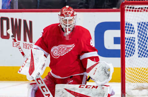 DETROIT, MI – DECEMBER 08: Jonathan Bernier #45 of the Detroit Red Wings reacts to a shot against the New York Islanders during an NHL game at Little Caesars Arena on December 8, 2018 in Detroit, Michigan. The Islanders defeated the Red Wings 3-2. (Photo by Dave Reginek/NHLI via Getty Images)