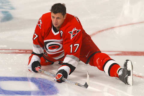 Rod Brind’Amour #17 of the Carolina Hurricanes. (Photo by Mitchell Layton/Getty Images)