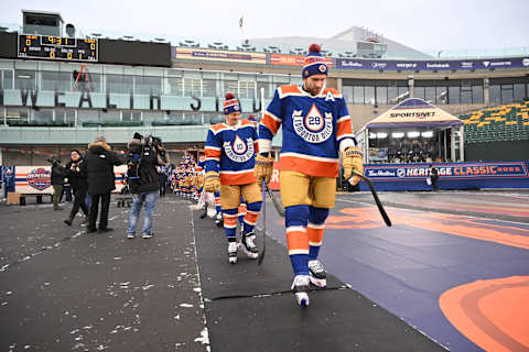 Oct 28, 2023; Edmonton, Alberta, Canada; Edmonton Oilers centre Leon Draisaitl (29 ) walks towards the ice during practice day for the 2023 Heritage Classic ice hockey game at Commonwealth Stadium. Mandatory Credit: Walter Tychnowicz-USA TODAY Sports