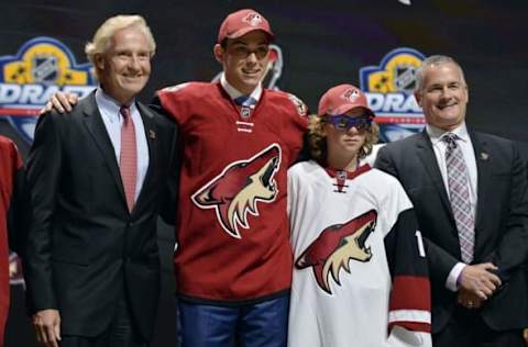 Jun 26, 2015; Sunrise, FL, USA; Dylan Strome poses for a photo after being selected as the number three overall pick to the Arizona Coyotes in the first round of the 2015 NHL Draft at BB&T Center. Mandatory Credit: Steve Mitchell-USA TODAY Sports