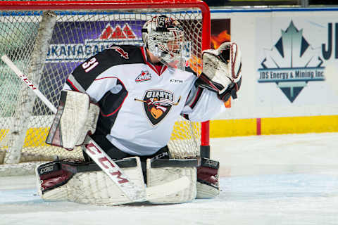 KELOWNA, BC – OCTOBER 03: Trent Miner #31 of the Vancouver Giants makes a glove save against the Kelowna Rockets at Prospera Place on October 3, 2018 in Kelowna, Canada. (Photo by Marissa Baecker/Getty Images)