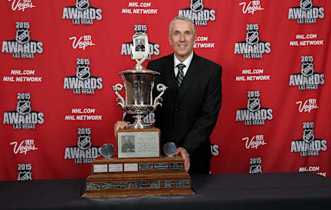 LAS VEGAS, NV – JUNE 24: Head coach Bob Hartley of the Calgary Flames poses in the press room after winning the Jack Adams Award at the 2015 NHL Awards at MGM Grand Garden Arena on June 24, 2015 in Las Vegas, Nevada. (Photo by Bruce Bennett/Getty Images)