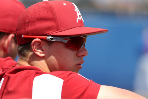 GAINESVILLE, FL – MARCH 25: Casey Martin (15) of Arkansas looks out towards the field during the college baseball game between the Arkansas Razorbacks and the Florida Gators on March 25, 2018, at Alfred A. McKethan Stadium in Gainesville, Florida. (Photo by Cliff Welch/Icon Sportswire via Getty Images)