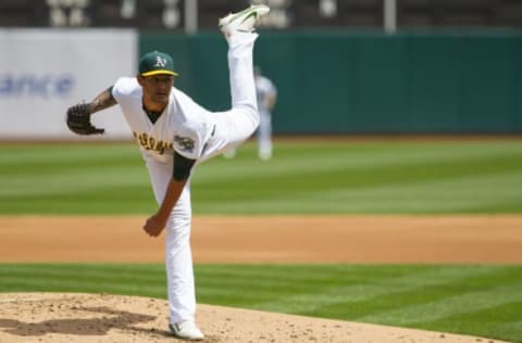 Apr 15, 2017; Oakland, CA, USA; Oakland Athletics starting pitcher Sean Manaea throws a pitch to the Houston Astros in the second inning at Oakland Coliseum. Mandatory Credit: Andrew Villa-USA TODAY Sports