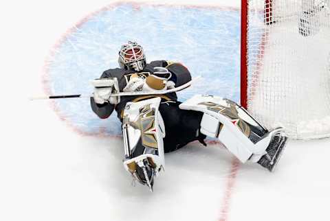 Robin Lehner #90 of the Vegas Golden Knights makes the save against the Vancouver Canucks in Game Seven of the Western Conference Second Round. (Photo by Bruce Bennett/Getty Images)