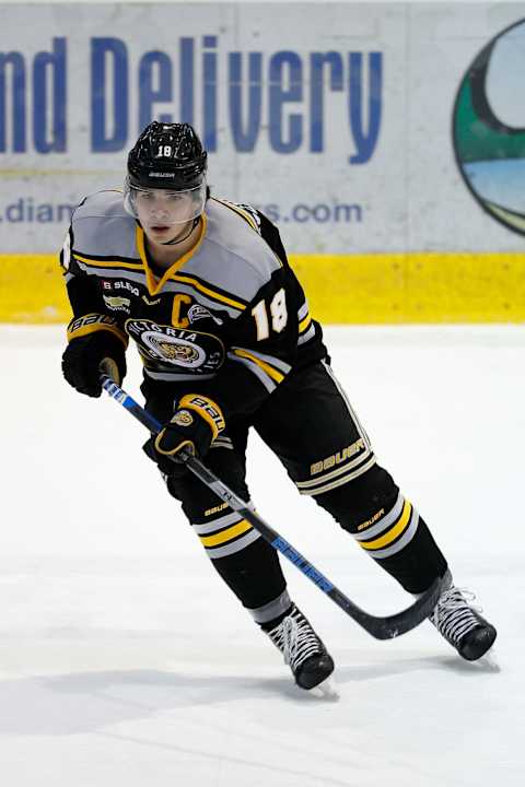 VICTORIA , BC – JANUARY 27: Alex Newhook #18 of the Victoria Grizzlies skates against the Vernon Vipers during a British Columbia Hockey League game at the Q Centre on January 27, 2019 in Victoria, British Columbia, Canada. (Photo by Kevin Light/Getty Images)