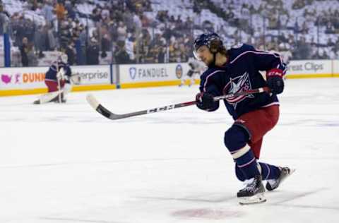 COLUMBUS, OH – MAY 06: Columbus Blue Jackets left wing Artemi Panarin (9) warms up before the Stanley Cup Eastern Conference semifinal playoff game between the Columbus Blue Jackets and the Boston Bruins on May 06, 2019 at Nationwide Arena in Columbus, OH. (Photo by Adam Lacy/Icon Sportswire via Getty Images)