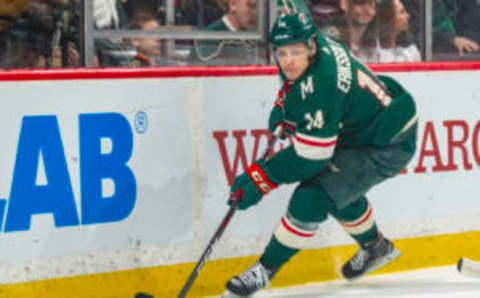 ST. PAUL, MN – MARCH 03: Joel Eriksson Ek #14 of the Minnesota Wild skates with the puck during a game with the Nashville Predators at Xcel Energy Center on March 3, 2019 in St. Paul, Minnesota.(Photo by Bruce Kluckhohn/NHLI via Getty Images)