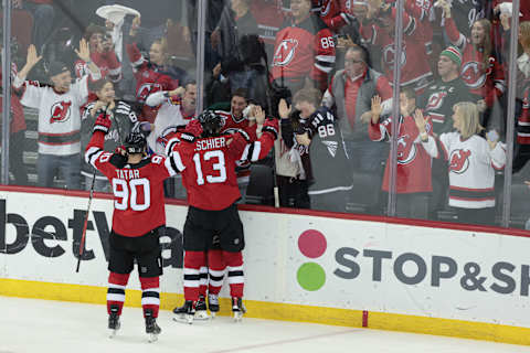 New Jersey Devils left wing Erik Haula (56) celebrates his goal: Vincent Carchietta-USA TODAY Sports