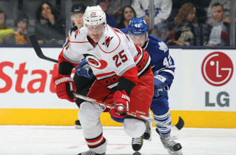 TORONTO,CANADA – FEBRUARY 4: Joni Pitkanen #25 of the Carolina Hurricanes skates after aloose puck in a game against the Toronto Maple Leafs on February 4, 2013 at the Air Canada Centre in Toronto, Canada. The Hurricanes defeated the Leafs 4-1. (Photo by Claus Andersen/Getty Images)