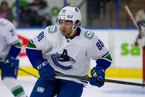 Arshdeep Bains representing the Vancouver Canucks during the 2022 Young Stars Tournament. (Photo by Marissa Baecker/Getty Images)