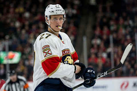 Dec 13, 2016; Saint Paul, MN, USA; Florida Panthers forward Nick Bjugstad (27) against the Minnesota Wild at Xcel Energy Center. The Wild defeated the Panthers 5-1. Mandatory Credit: Brace Hemmelgarn-USA TODAY Sports