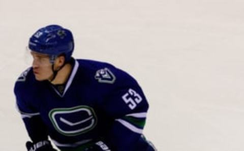 Jan 26, 2016; Vancouver, British Columbia, CAN; Vancouver Canucks forward Bo Hovat (53) skates against the Nashville Predators during the second period at Rogers Arena. The Nashville Predators won 2-1. Mandatory Credit: Anne-Marie Sorvin-USA TODAY Sports