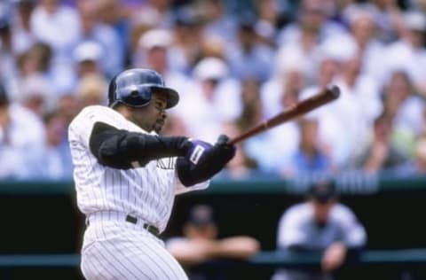 23 May 1999: Lenny Harris #28 of the Colorado Rockiesswings at the ball during the game against the Arizona Diamondbacks at the Coors Field in Denver, Colorado. The Rockies defeated the Diamondbacks 7-6. Mandatory Credit: Brian Bahr /Allsport