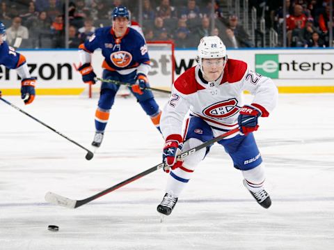 ELMONT, NEW YORK – JANUARY 14: Cole Caufield #22 of the Montreal Canadiens skates against the New York Islanders at the UBS Arena on January 14, 2023 in Elmont, New York. (Photo by Bruce Bennett/Getty Images )