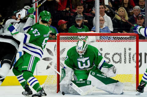 RALEIGH, NC – JANUARY 11: James Reimer #47 of the Carolina Hurricanes goes down in the crease to make a save during an NHL game against the Los Angeles Kings on January 11, 2020 at PNC Arena in Raleigh, North Carolina. (Photo by Gregg Forwerck/NHLI via Getty Images)