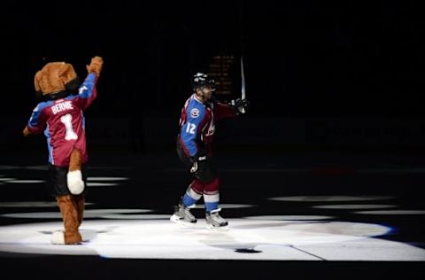 Jan 4, 2016; Denver, CO, USA; Colorado Avalanche right wing Jarome Iginla (12) is second star of the game following the win over the Los Angeles Kings at the Pepsi Center. The Avalanche defeated the Kings 4-1. Mandatory Credit: Ron Chenoy-USA TODAY Sports