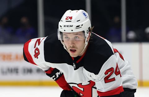 Ty Smith (24) of the New Jersey Devils. (Photo by Bruce Bennett/Getty Images)