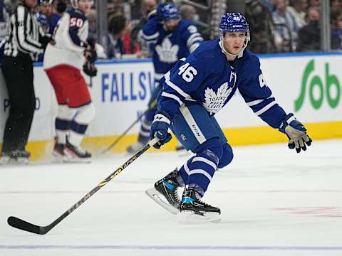 Dec 7, 2021; Toronto, Ontario, CAN; Toronto Maple Leafs forward Alex Steeves (46) s Mandatory Credit: John E. Sokolowski-USA TODAY Sports