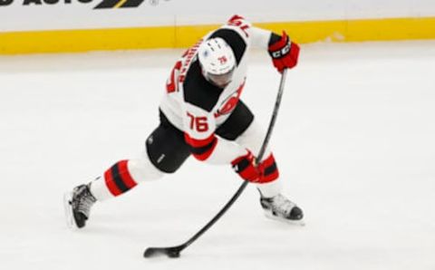 Mar 7, 2021; Boston, Massachusetts, USA; New Jersey Devils defenseman P.K. Subban (76) shoots against the Boston Bruins during the second period at TD Garden. Mandatory Credit: Winslow Townson-USA TODAY Sports