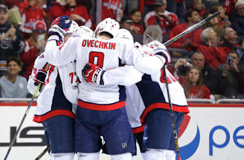 Vegas Golden Knights: Washington Capitals right wing T.J. Oshie (77) celebrates with teammates after scoring a goal against the Los Angeles Kings in the second period at Verizon Center. Mandatory Credit: Geoff Burke-USA TODAY Sports