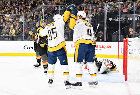 LAS VEGAS, NEVADA – OCTOBER 15: Filip Forsberg #9 of the Nashville Predators celebrates with teammates after scoring a goal during the second period against the Vegas Golden Knights at T-Mobile Arena on October 15, 2019 in Las Vegas, Nevada. (Photo by Jeff Bottari/NHLI via Getty Images)