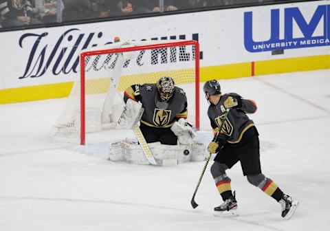 LAS VEGAS, NV – NOVEMBER 29: Vegas Golden Knights goaltender Malcolm Subban (30) blocks a puck during a regular season game against the Arizona Coyotes Friday, Nov. 29, 2019, at T-Mobile Arena in Las Vegas, Nevada. (Photo by: Marc Sanchez/Icon Sportswire via Getty Images)