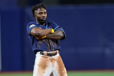 Apr 24, 2023; St. Petersburg, Florida, USA; Tampa Bay Rays left fielder Randy Arozarena (56) reacts after hitting double against the Houston Astros in the sixth inning at Tropicana Field. Mandatory Credit: Nathan Ray Seebeck-USA TODAY Sports