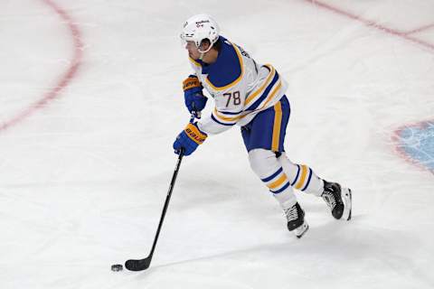 Feb 13, 2022; Montreal, Quebec, CAN; Buffalo Sabres defenseman Jacob Bryson (78) skates with the puck against Montreal Canadiens during the second period at Bell Centre. Mandatory Credit: Jean-Yves Ahern-USA TODAY Sports