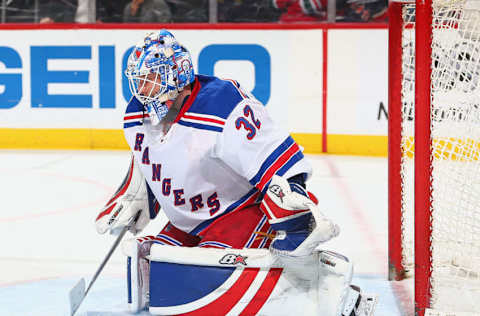 NEWARK, NJ – MARCH 21: Antti Raanta #32 of the New York Rangers defends his net during the game against the New Jersey Devils during the game at Prudential Center on March 21, 2017 in Newark, New Jersey. (Photo by Andy Marlin/NHLI via Getty Images)