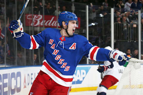 NEW YORK, NY – MARCH 20: Chris Kreider #20 of the New York Rangers reacts after scoring a goal in the third period against the Columbus Blue Jackets at Madison Square Garden on March 20, 2018 in New York City. (Photo by Jared Silber/NHLI via Getty Images)