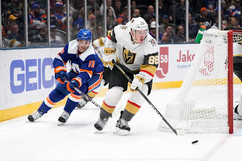 UNIONDALE, NY – DECEMBER 05: Vegas Golden Knights Defenceman Nate Schmidt (88) skates with the puck with New York Islanders Center Derick Brassard (10) defending during the second period of the National Hockey League game between the Las Vegas Golden Knights and the New York Islanders on December 5, 2019, at the Nassau Veterans Memorial Coliseum in Uniondale, NY. (Photo by Gregory Fisher/Icon Sportswire via Getty Images)