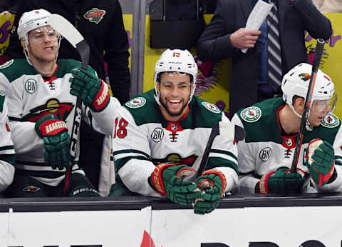 ANAHEIM, CA – NOVEMBER 09: Minnesota Wild leftwing Jordan Greenway (18) is all smiles on the bench during the third period of a game against the Anaheim Ducks played on November 11, 2018 at the Honda Center in Anaheim, CA. (Photo by John Cordes/Icon Sportswire via Getty Images)