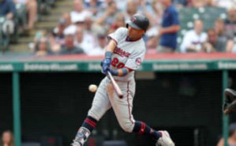 CLEVELAND, OH – JUNE 16: Minnesota Twins left fielder Eddie Rosario (20) singles to right to drive in a run during the sixth inning of the Major League Baseball game between the Minnesota Twins and Cleveland Indians on June 16, 2018, at Progressive Field in Cleveland, OH. Minnesota defeated Cleveland 9-3. (Photo by Frank Jansky/Icon Sportswire via Getty Images)