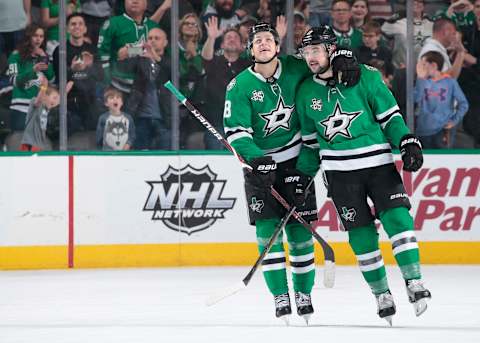 DALLAS, TX – MARCH 3: Devin Shore #17, Mattias Janmark #13 and the Dallas Stars celebrate a goal against the St. Louis Blues at the American Airlines Center on March 3, 2018 in Dallas, Texas. (Photo by Glenn James/NHLI via Getty Images)