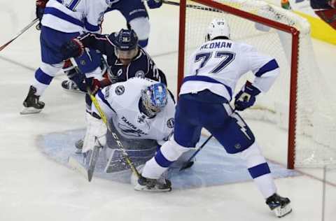 NHL Power Rankings: Tampa Bay Lightning defenseman Victor Hedman (77) and Columbus Blue Jackets right wing Cam Atkinson (13) battle for the puck during the second period at Nationwide Arena. Mandatory Credit: Russell LaBounty-USA TODAY Sports