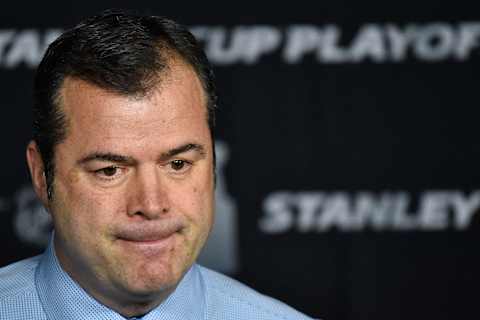 MONTREAL, QC – APRIL 12: Head coach of the New York Rangers Alain Vigneault speaks to the media prior to Game One of the Eastern Conference First Round between the Montreal Canadiens and the New York Rangers during the 2017 NHL Stanley Cup Playoffs at the Bell Centre on April 12, 2017 in Montreal, Quebec, Canada. (Photo by Minas Panagiotakis/Getty Images)