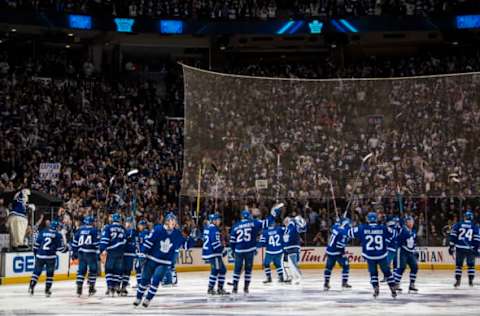 TORONTO, ON – APRIL 17: Toronto Maple Leafs players salute the crowd after their overtime win against the Washington Capitals in Game Three of the Eastern Conference First Round during the 2017 NHL Stanley Cup Playoffs at the Air Canada Centre on April 17, 2017 in Toronto, Ontario, Canada. (Photo by Mark Blinch/NHLI via Getty Images) *** Local Caption ***