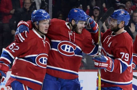 Nov 5, 2016; Montreal, Quebec, CAN; Montreal Canadiens forward Alex Galchenyuk (27) reacts with teammates including Artturi Lehkonen (62) and Andrei Markov (79) after scoring a goal against the Philadelphia Flyersduring the second period at the Bell Centre. Mandatory Credit: Eric Bolte-USA TODAY Sports