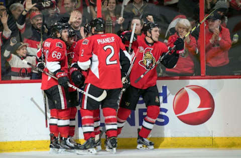 NHL Trade Rumors: The Ottawa Senators celebrate a goal scored by right wing Mark Stonce (61) in the second period against the Detroit Red Wings at the Canadian Tire Centre. Mandatory Credit: Marc DesRosiers-USA TODAY Sports